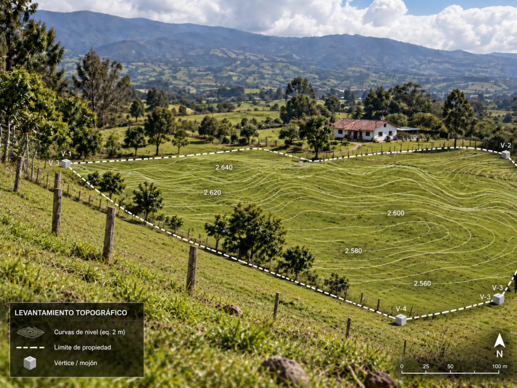 Terreno con curvas de nivel, límites y vértices de un levantamiento topográfico en Cundinamarca